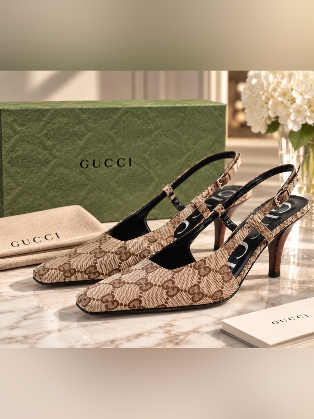 NEW Gucci GG Canvas Slingback Pumps Beige Brown Size 41.5 New in Box